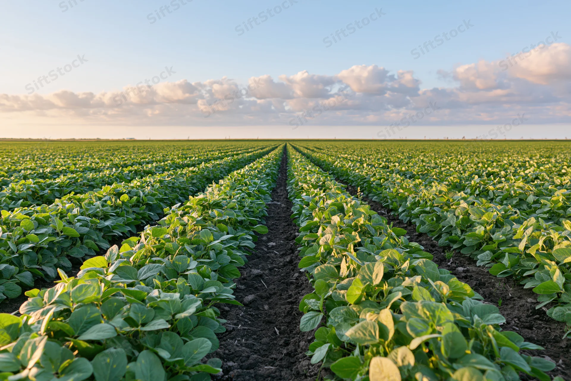 Rows of young soybean plants growing in a vast field under a partly cloudy sky