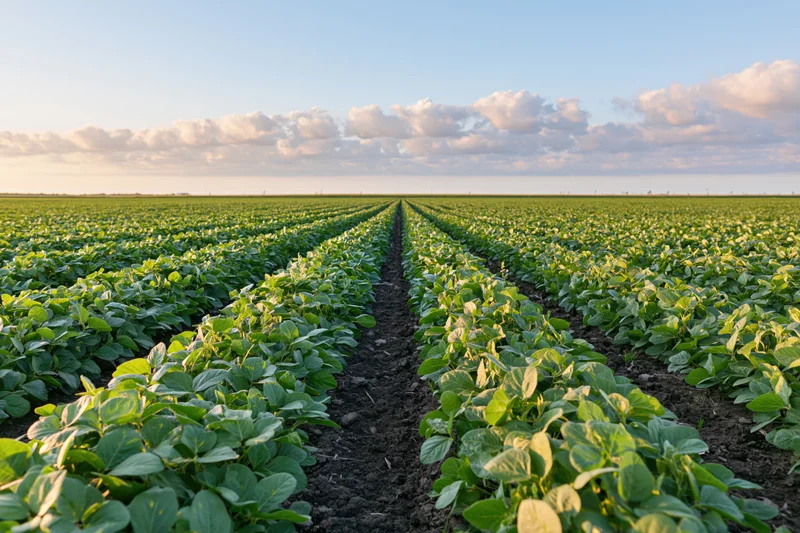 Rows of young soybean plants growing in a vast field under a partly cloudy sky