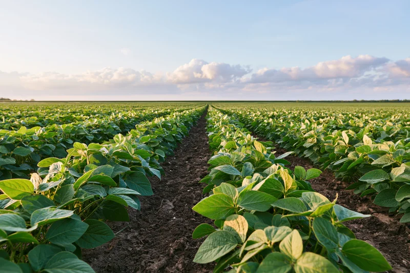 Rows of young soybean plants growing in a vast field under a partly cloudy sky
