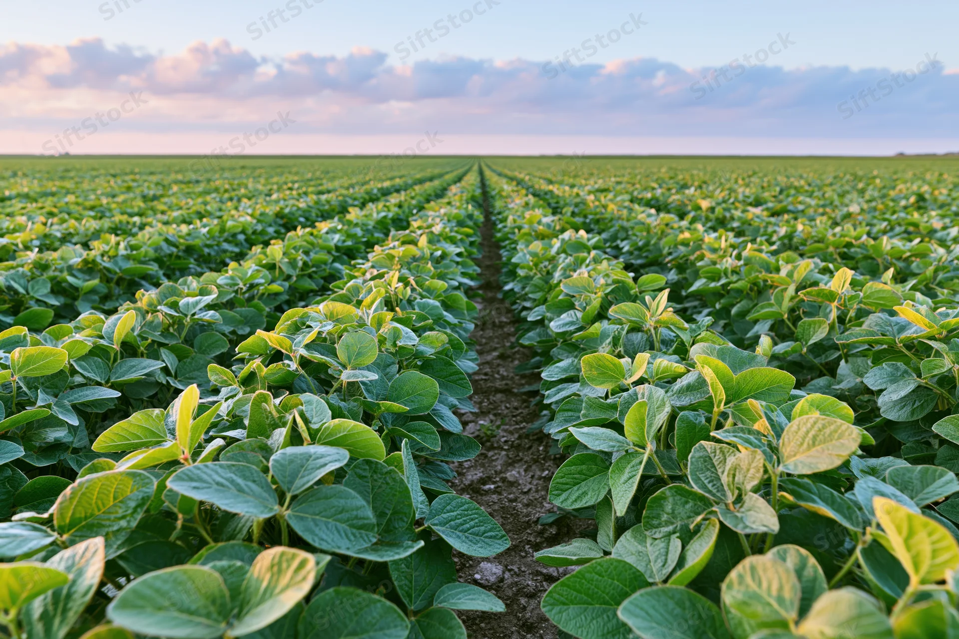 Rows of soybean plants stretching across a vast field under a cloudy sky