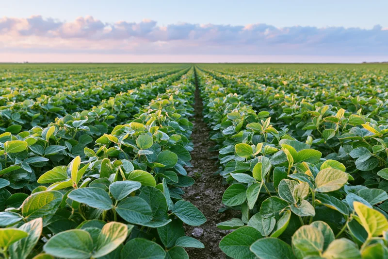 Rows of soybean plants stretching across a vast field under a cloudy sky