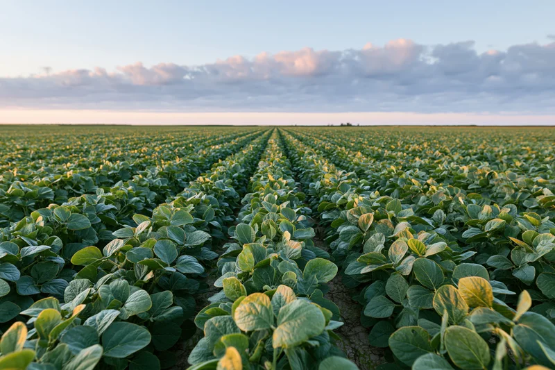 Rows of soybean plants growing in a vast field under a cloudy sky at sunset