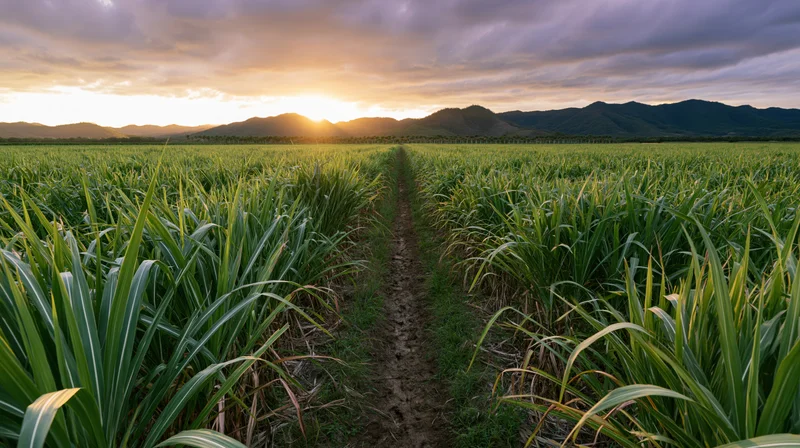 Rows of sugarcane stretching across a field at sunset with mountains in the distance