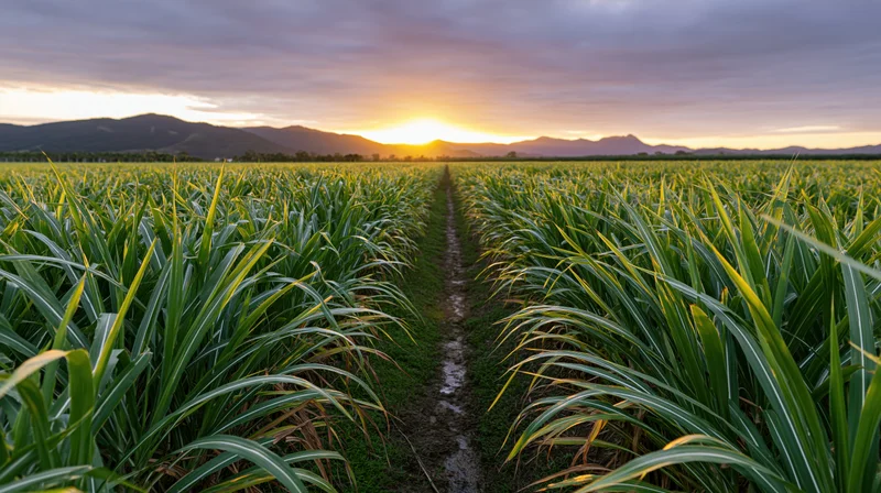 Rows of sugarcane stretching toward a sunset over distant mountains