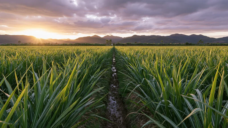 Rows of sugarcane stretching across a field at sunset with mountains in the distance