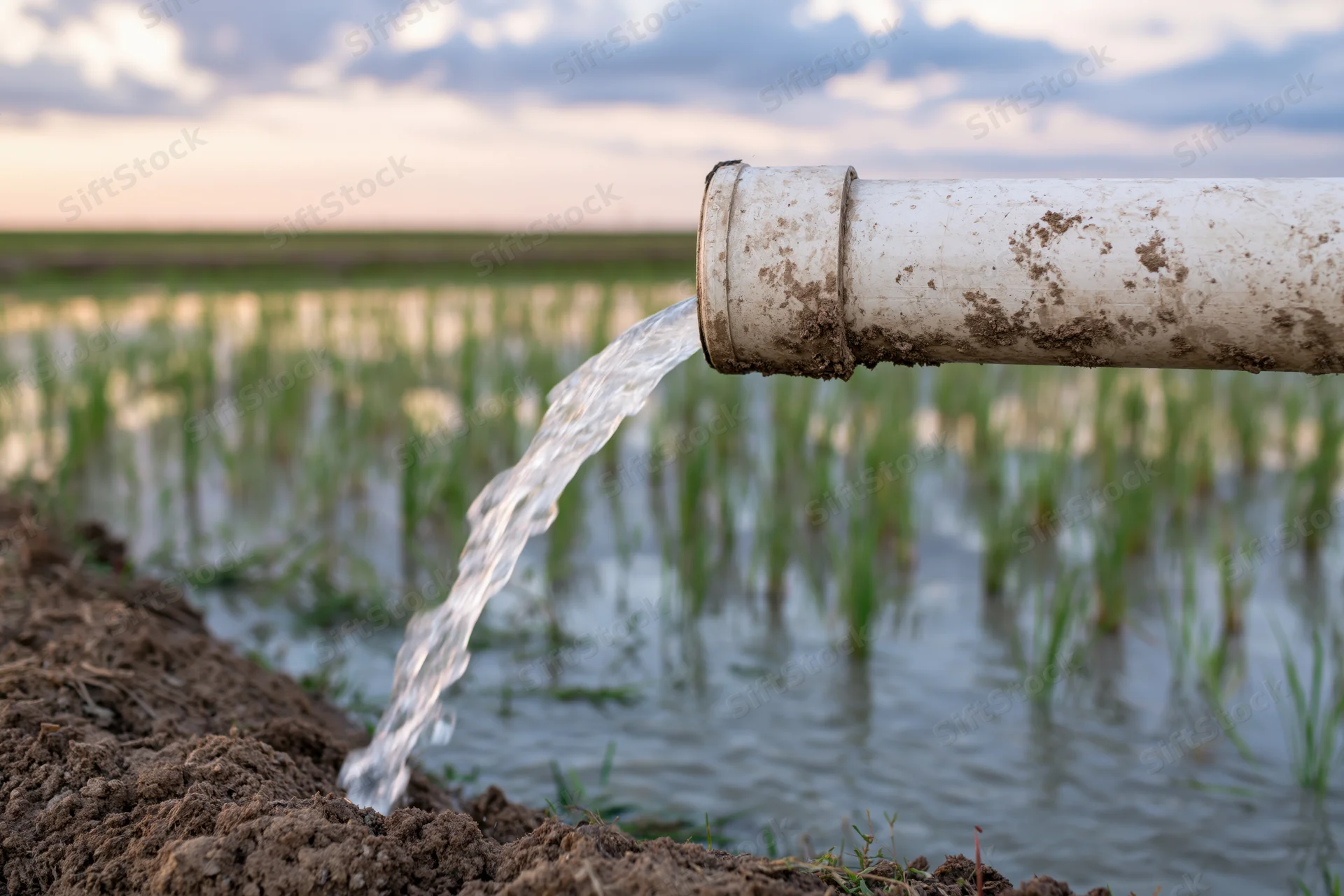 Water flowing from a worn PVC pipe into a flooded rice field