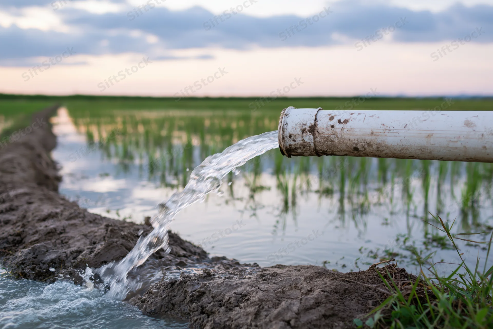 Water flowing from a worn pvc irrigation pipe into a flooded rice field at dusk
