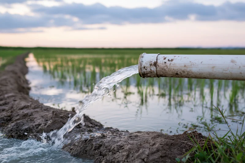 Water flowing from a worn pvc irrigation pipe into a flooded rice field at dusk