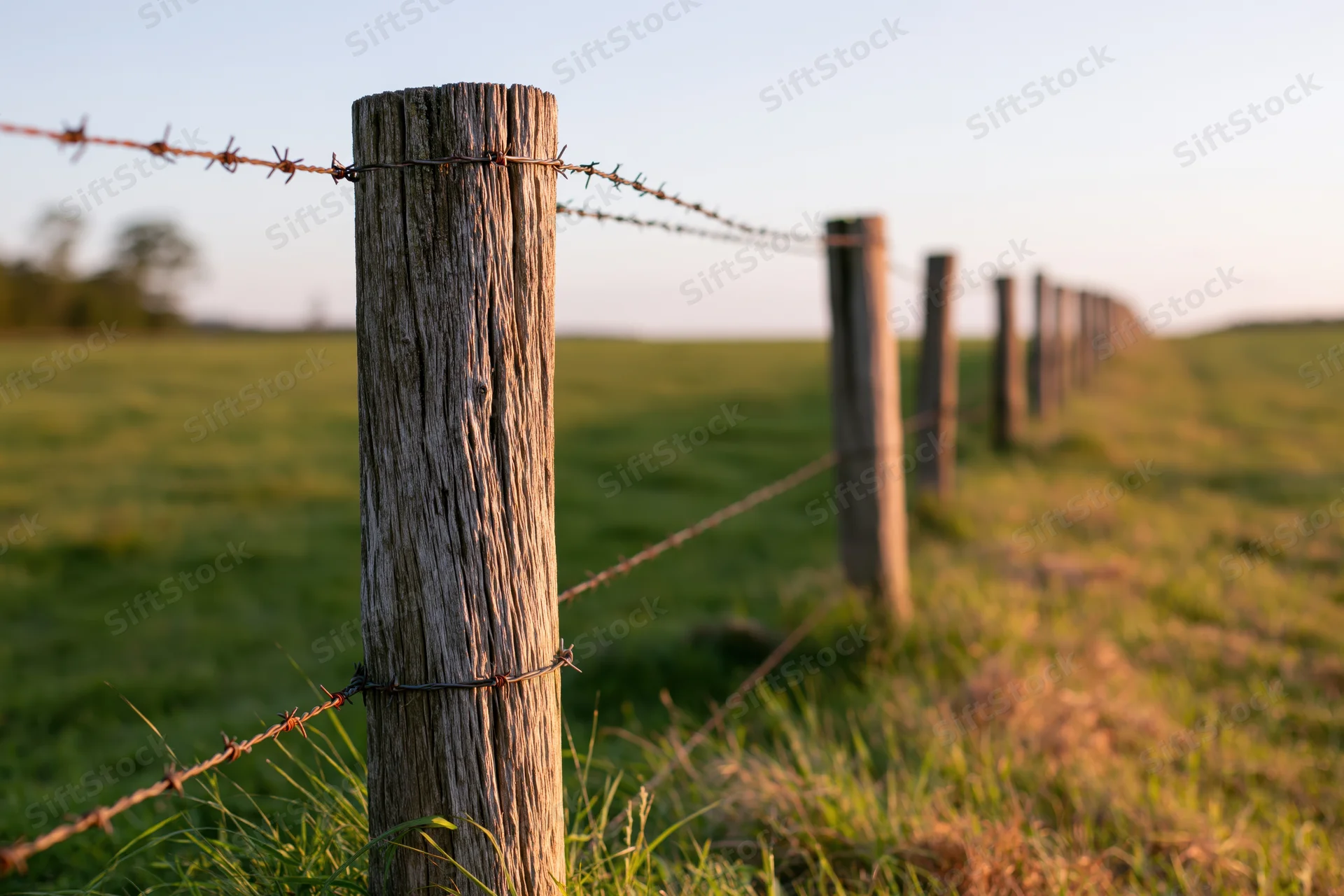 Weathered wooden fence posts with barbed wire receding into a grassy field at sunset