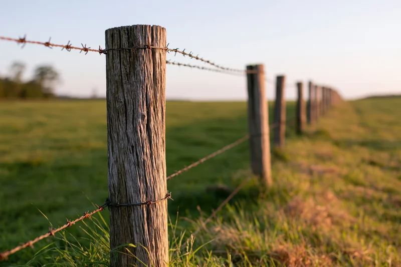 Weathered wooden fence posts with barbed wire receding into a grassy field at sunset