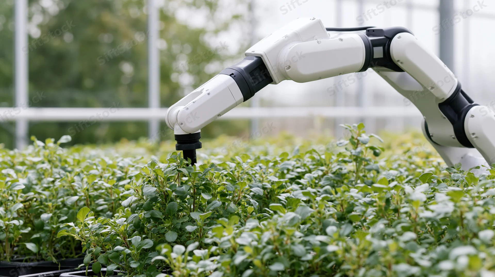 Robotic arm tending to leafy green plants in a greenhouse
