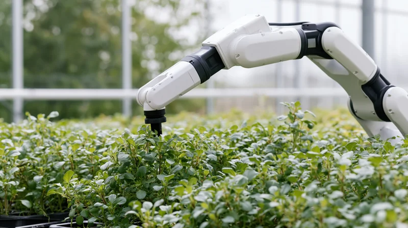 Robotic arm tending to leafy green plants in a greenhouse