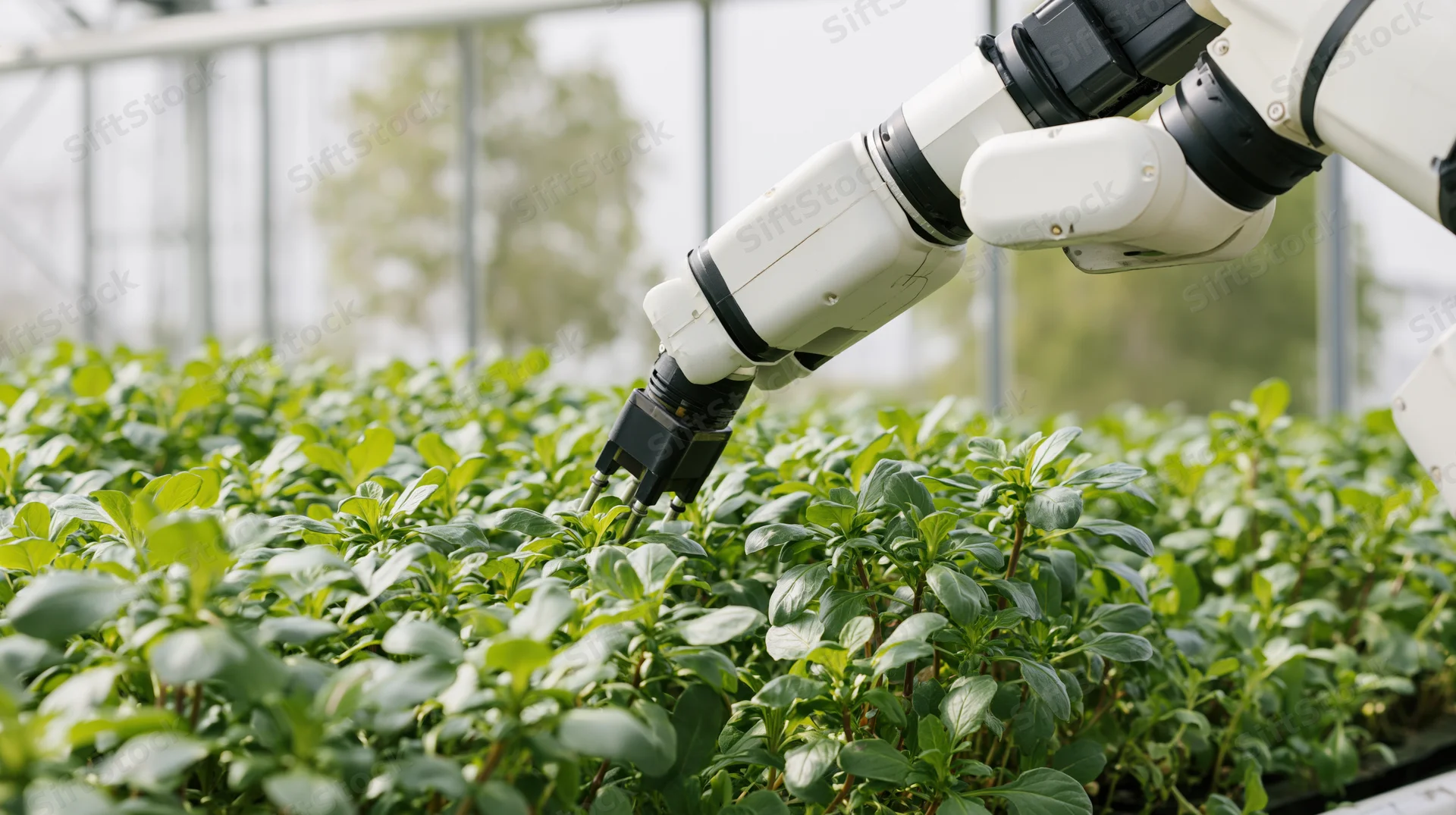 Robotic arm tending leafy green plants in a greenhouse