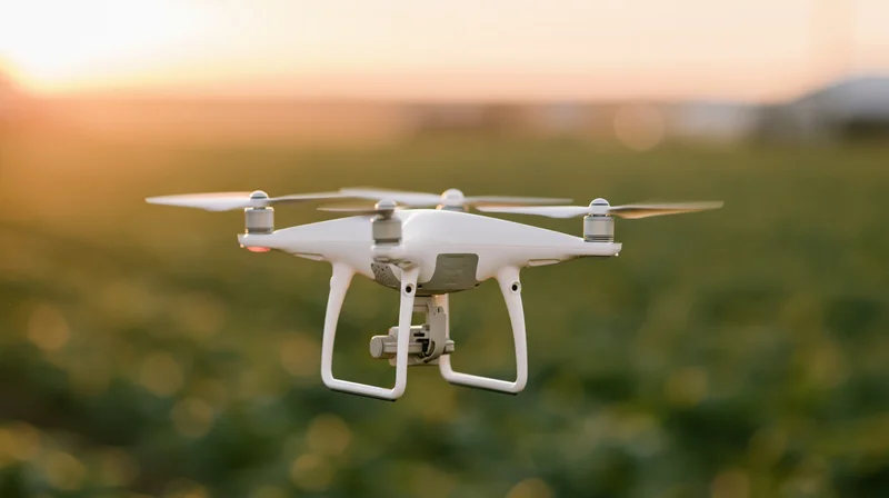 White quadcopter drone hovering above a green field at sunset