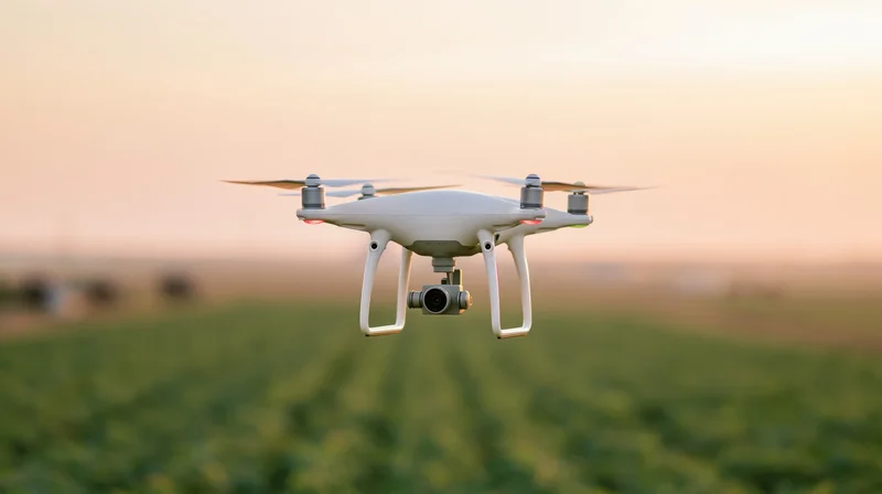 White quadcopter drone hovering above a green crop field at sunset
