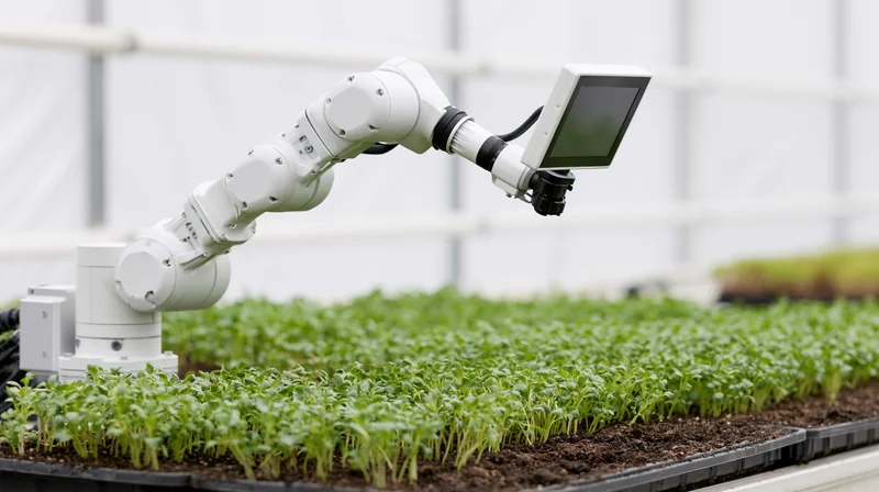 Robotic arm monitoring rows of seedlings in a greenhouse