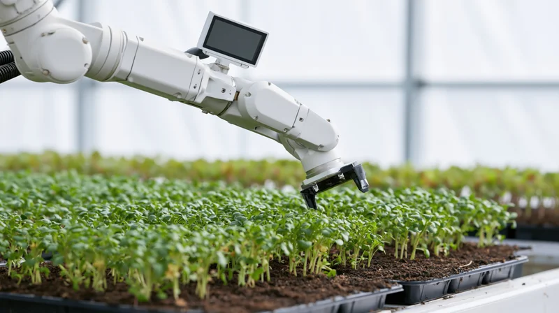 Robotic arm inspecting seedlings in a greenhouse tray setup