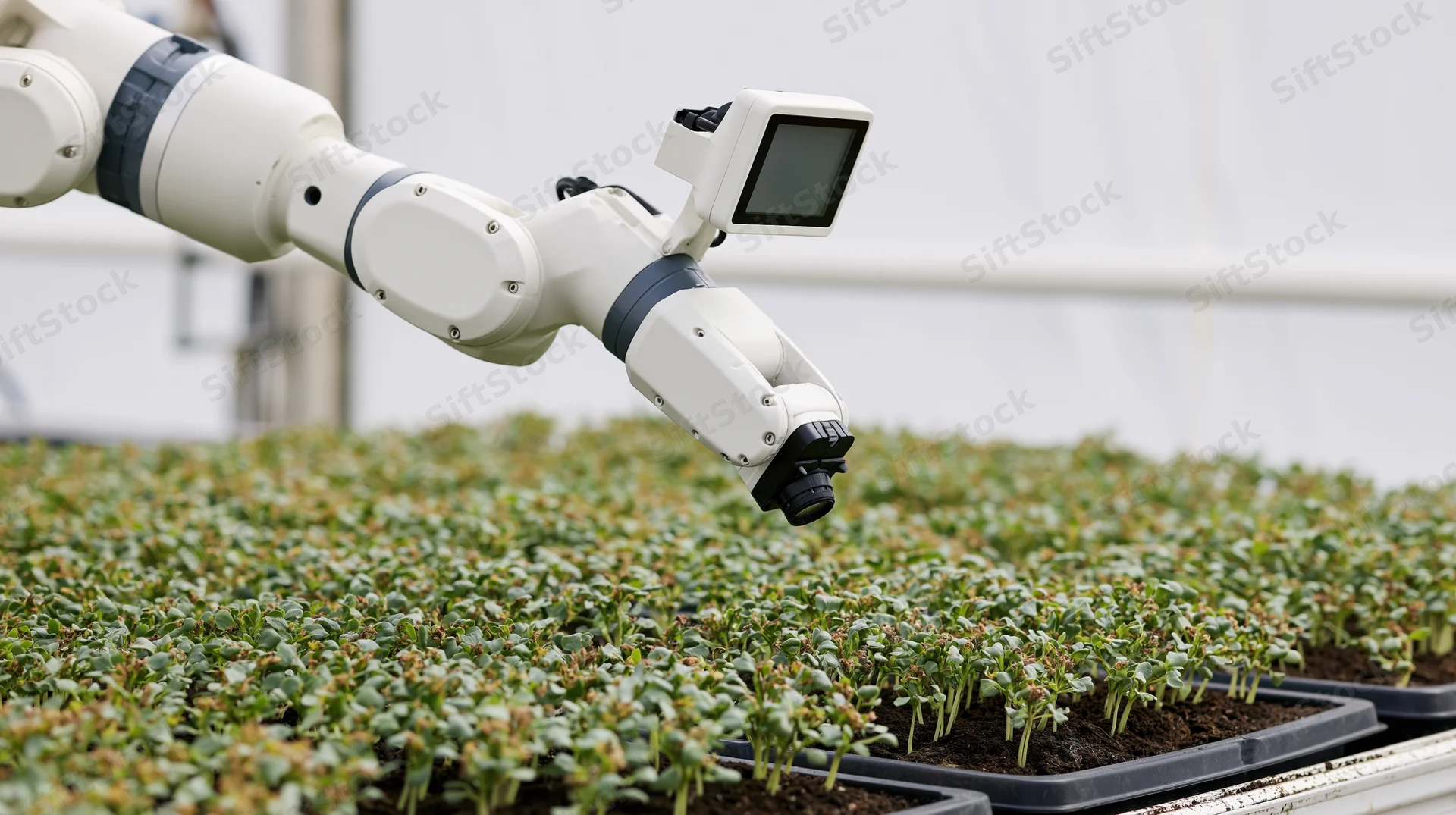 Robotic arm scanning rows of seedlings in a greenhouse tray system