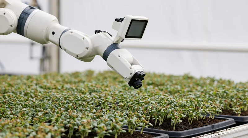 Robotic arm scanning rows of seedlings in a greenhouse tray system