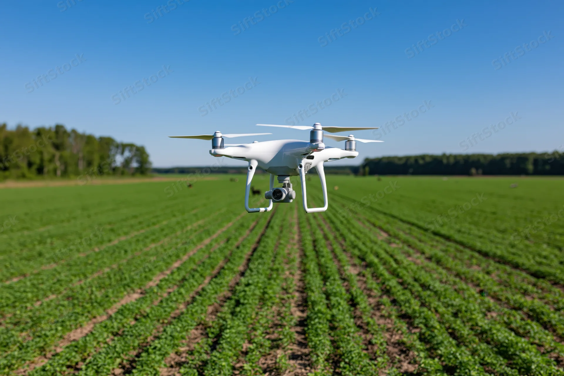 White quadcopter drone hovering over rows of green crops in a farm field