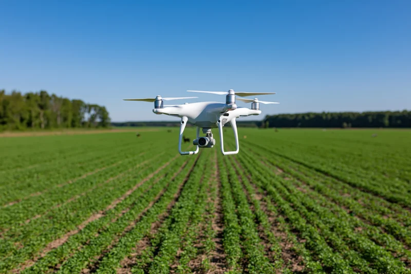 White quadcopter drone hovering over rows of green crops in a farm field