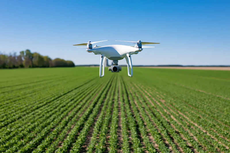 White drone hovering over green crop field under clear blue sky