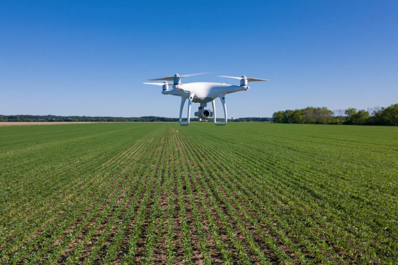 White quadcopter drone hovering low over rows of green crops in a farm field under clear blue sky