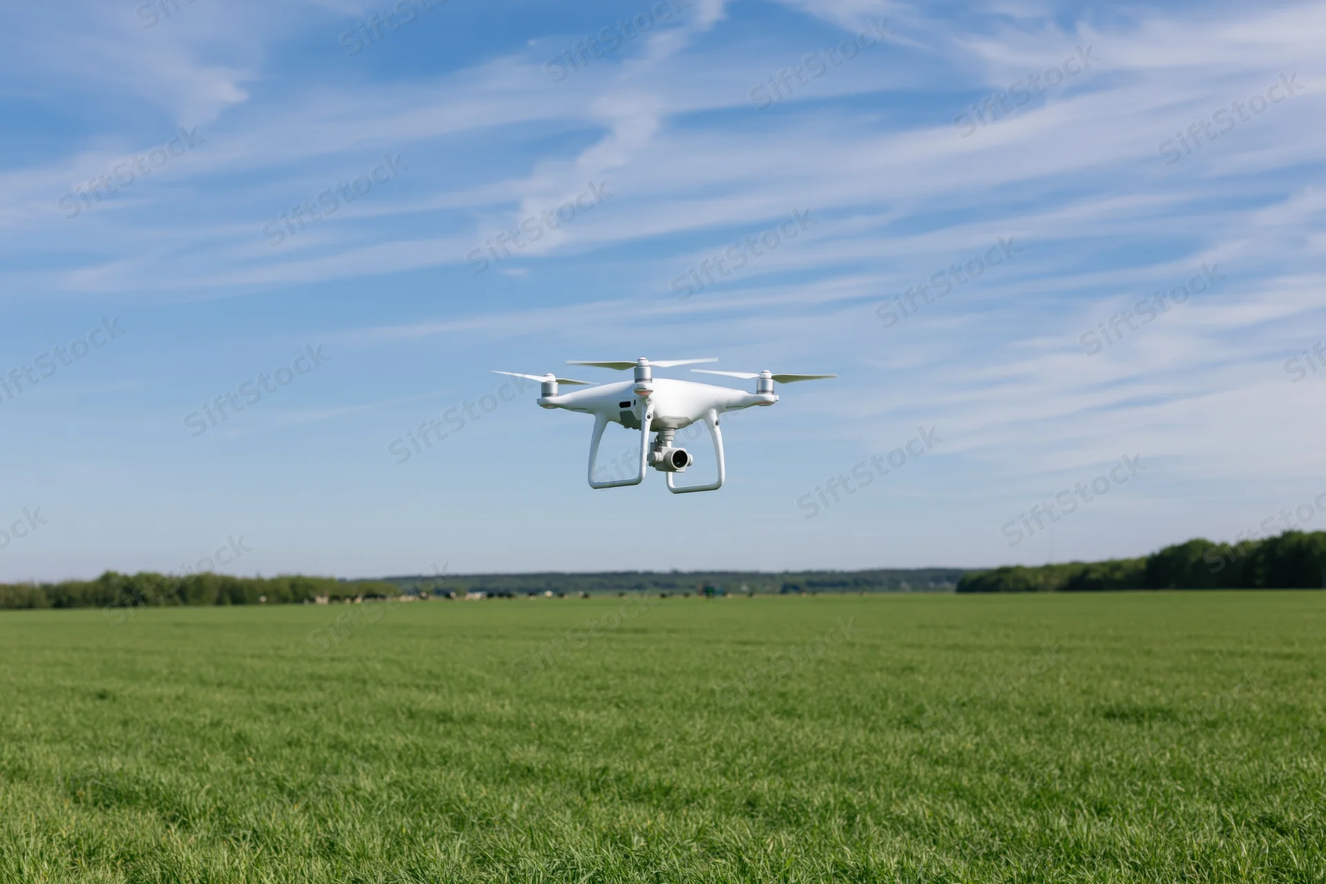 White quadcopter drone hovering low over a green field under a blue sky