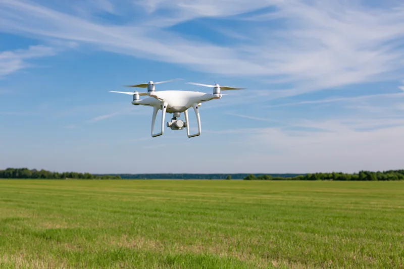 White quadcopter drone hovering over a green field under a blue sky