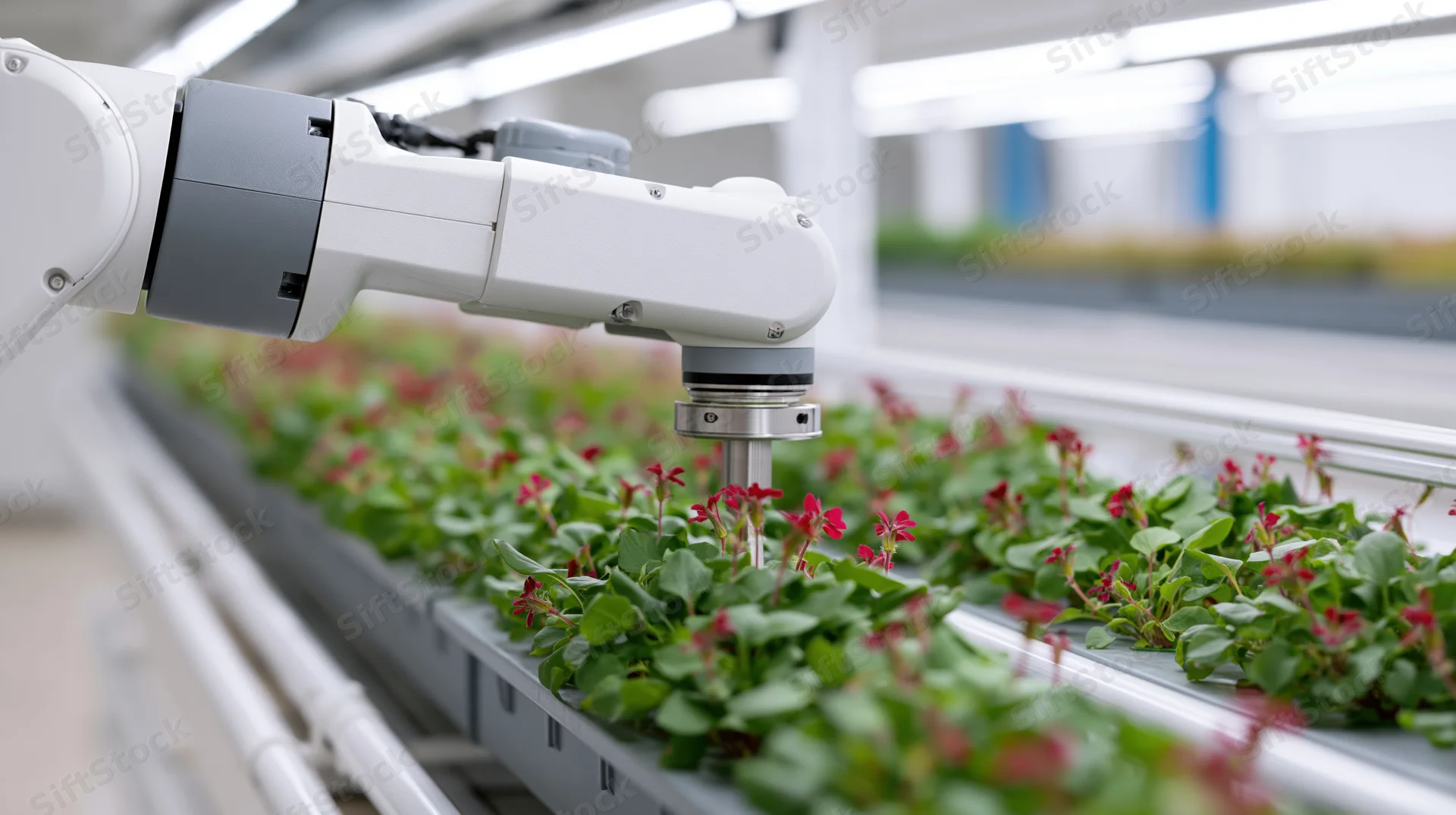 Robotic arm tending rows of seedlings in a hydroponic greenhouse facility