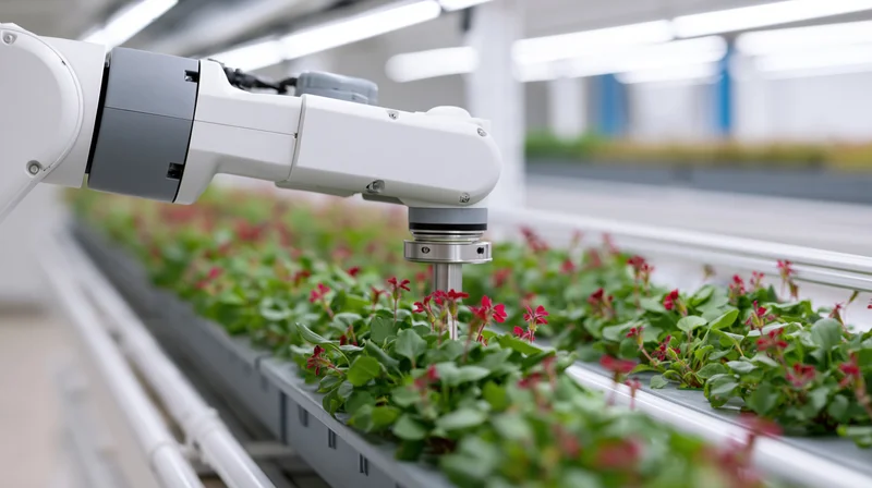 Robotic arm tending rows of seedlings in a hydroponic greenhouse facility