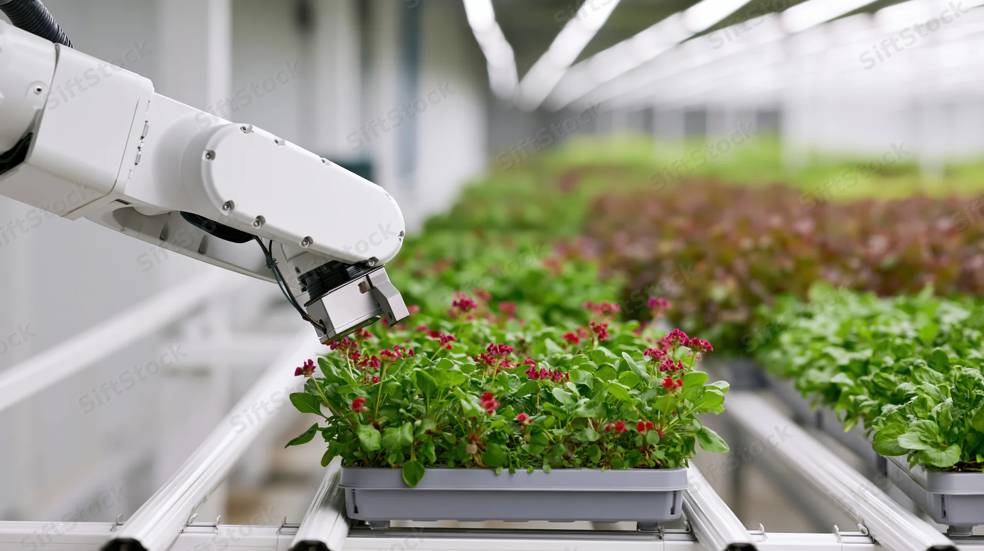 Robotic arm tending seedling trays in a greenhouse hydroponic farm