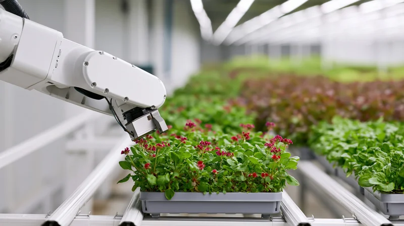 Robotic arm tending seedling trays in a greenhouse hydroponic farm