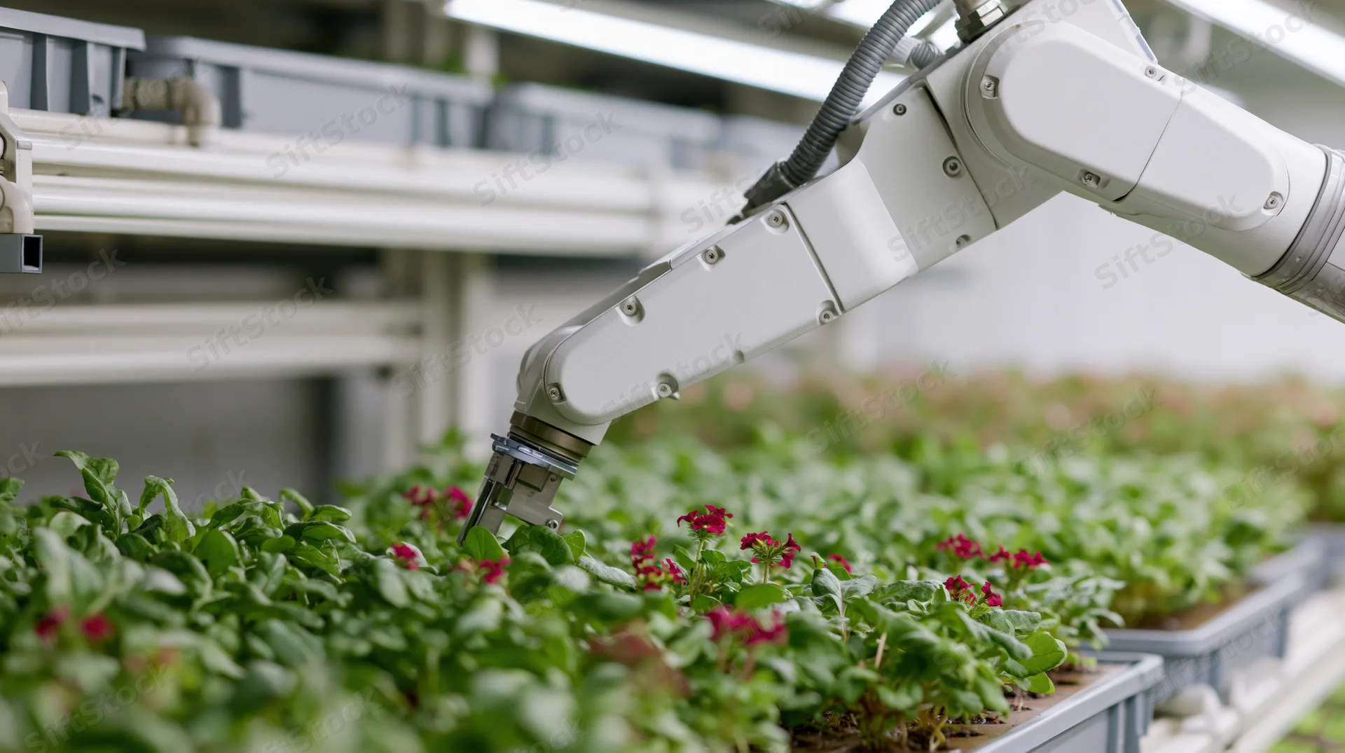 Robotic arm tending rows of seedlings in a greenhouse tray system