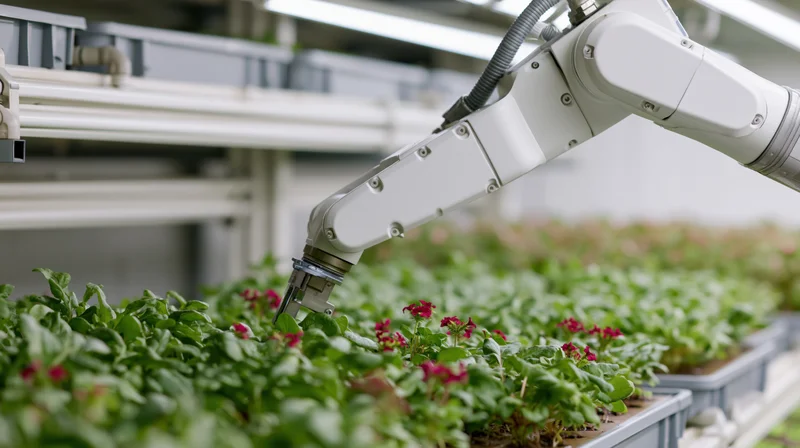 Robotic arm tending rows of seedlings in a greenhouse tray system