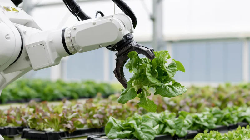 Robotic arm harvesting lettuce in a greenhouse hydroponic farm