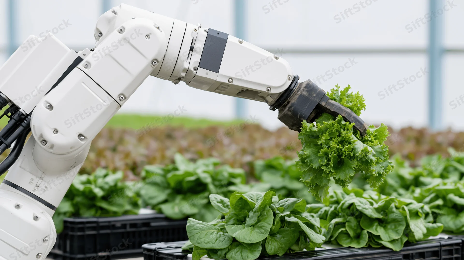Robotic arm harvesting lettuce in a greenhouse hydroponic farm