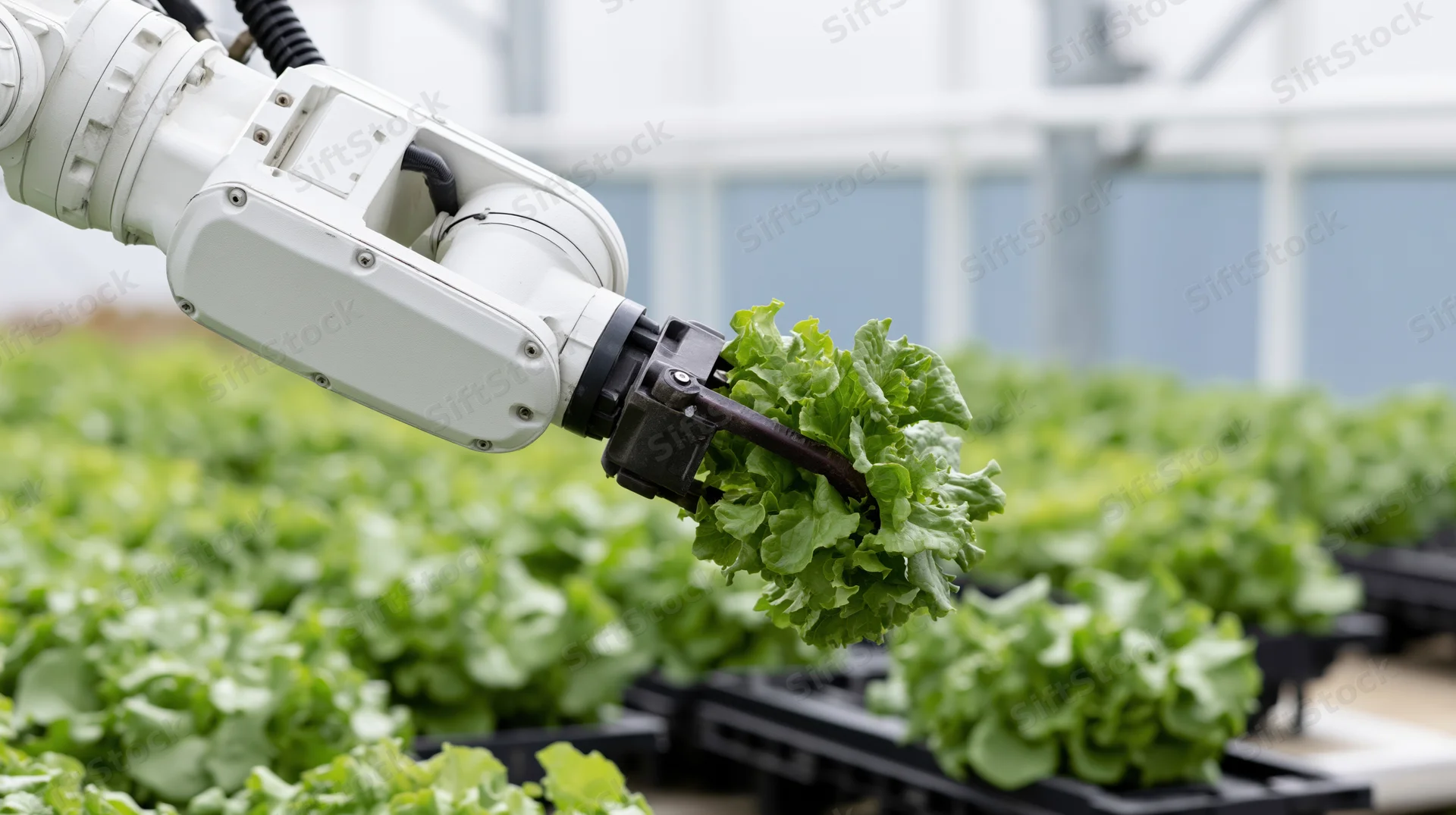 Robotic arm harvesting lettuce in a greenhouse hydroponic farm