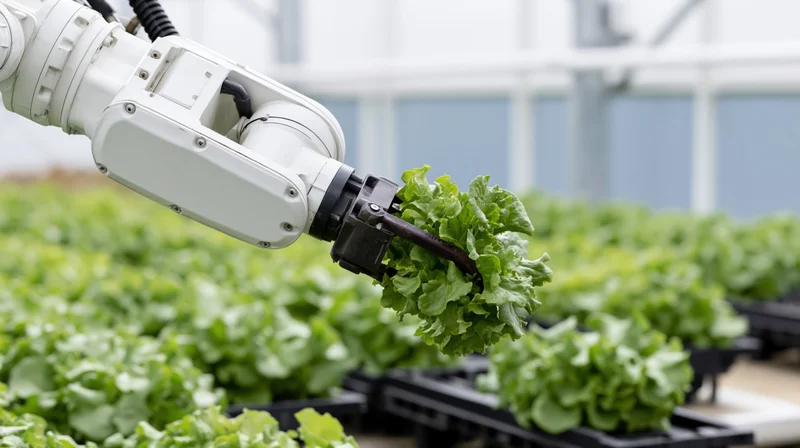 Robotic arm harvesting lettuce in a greenhouse hydroponic farm