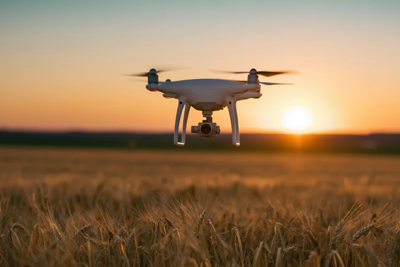 White quadcopter drone hovering over golden wheat field at sunset