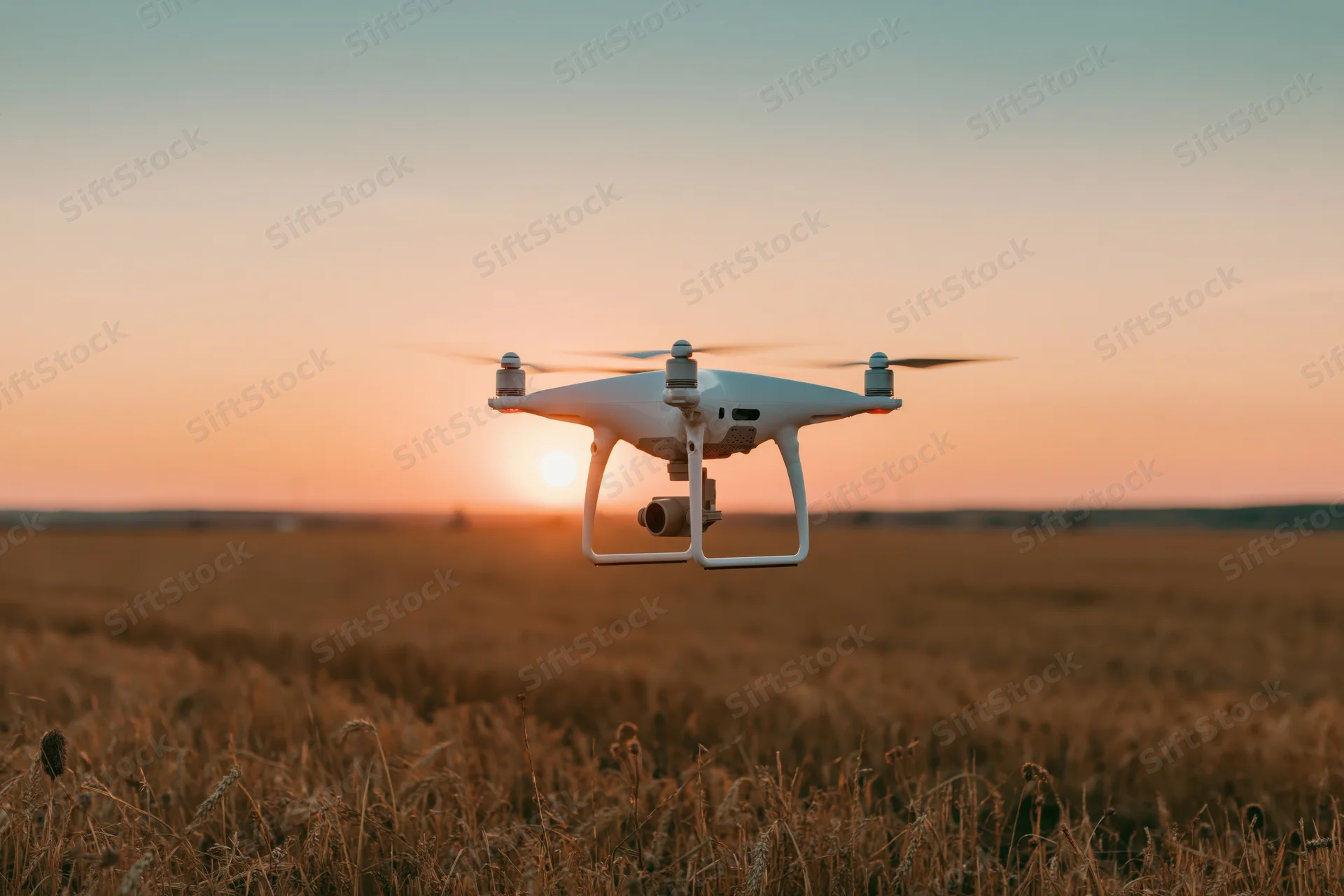 White quadcopter drone hovering low over a golden wheat field at sunset