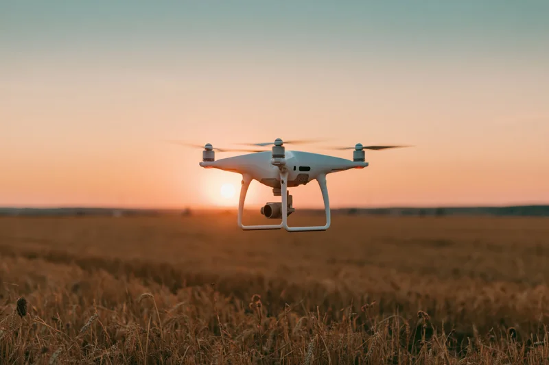 White quadcopter drone hovering low over a golden wheat field at sunset