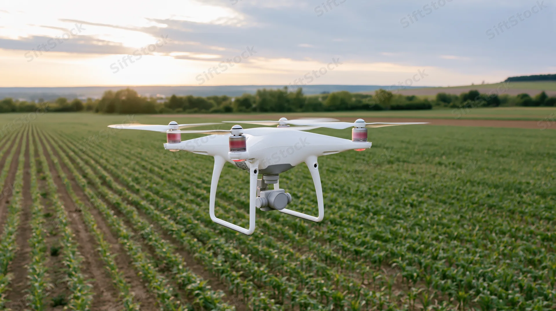 White quadcopter drone hovering low over rows of green crops in a field at sunset