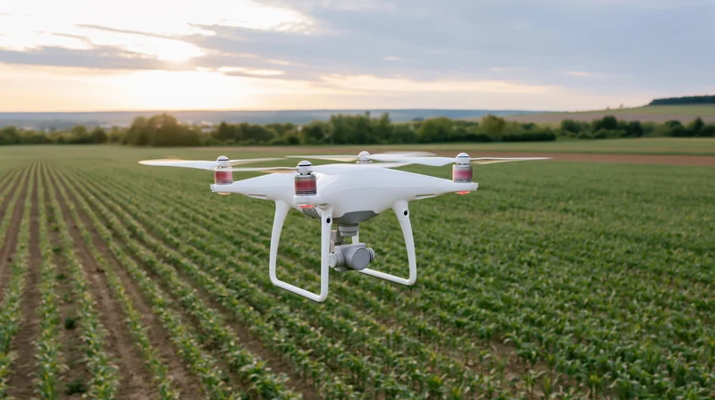 White quadcopter drone hovering low over rows of green crops in a field at sunset