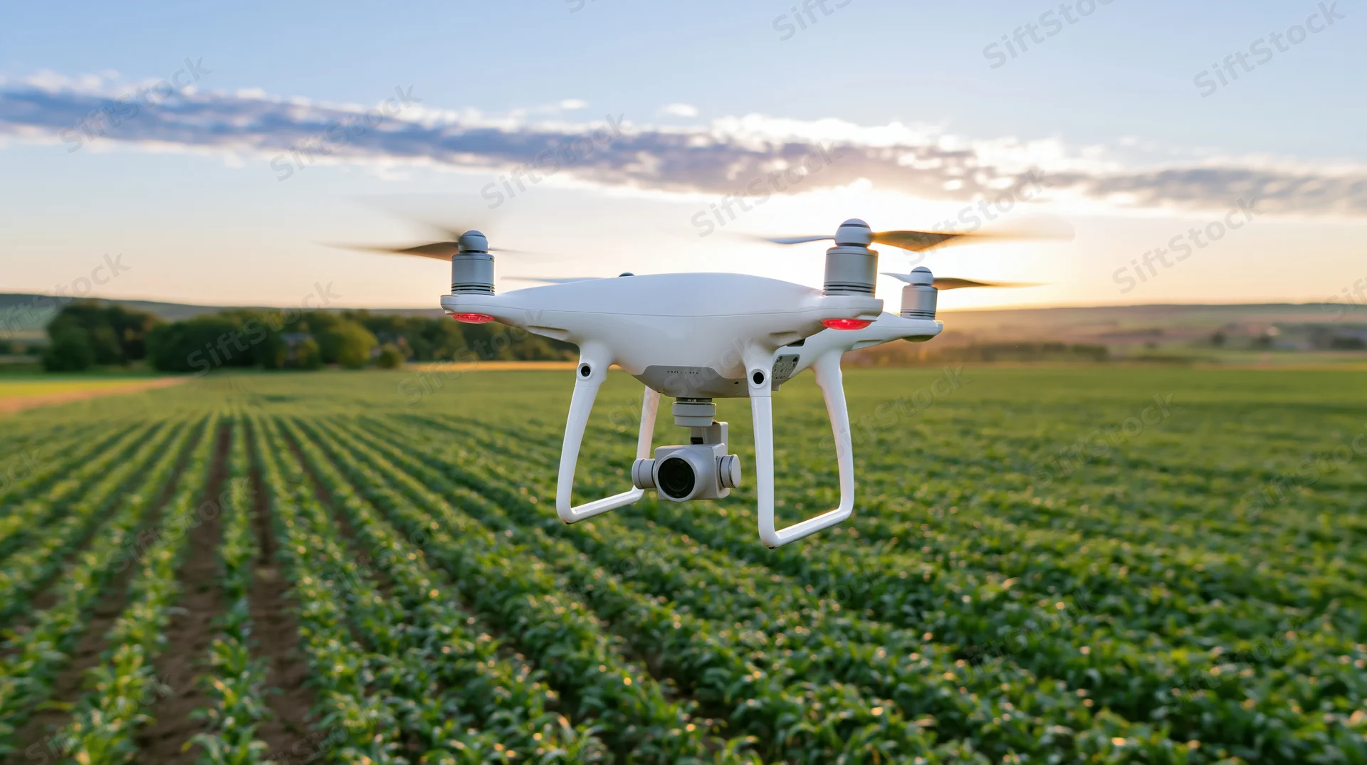 White quadcopter drone with camera mount hovering over crops