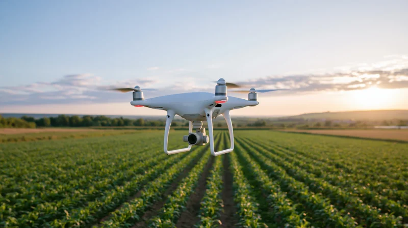 White quadcopter drone with camera mount hovering low over rows