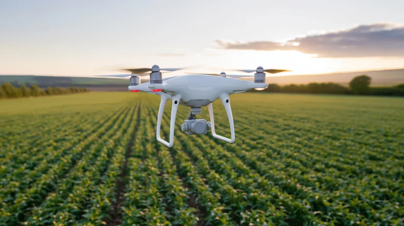 White quadcopter drone hovering low over rows of green crops in a field at sunset