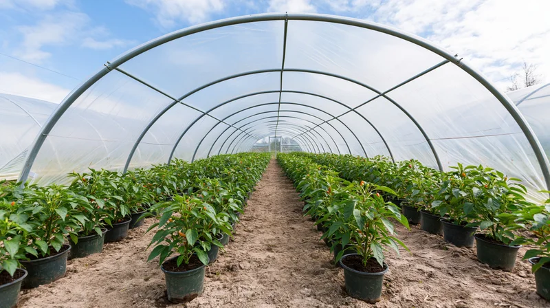 Rows of pepper plants in pots inside a large arched polytunnel greenhouse under daylight