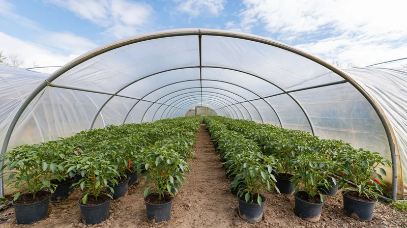 Rows of potted pepper plants growing inside a large arched polytunnel greenhouse under a blue sky