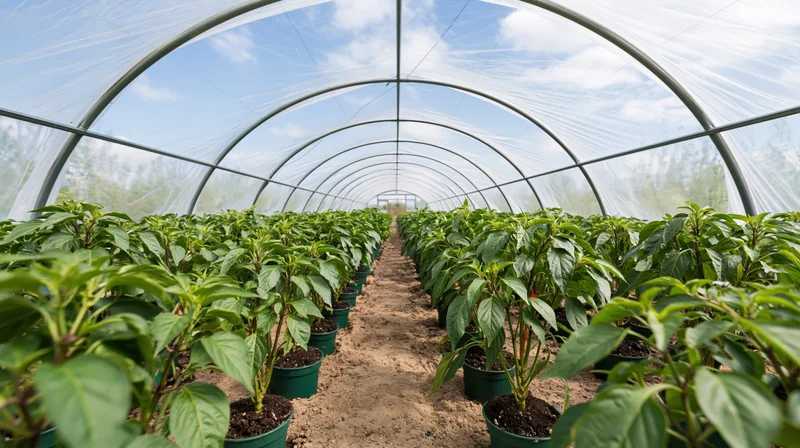 Rows of pepper plants in green pots inside a large polytunnel greenhouse with transparent plastic cover and metal frame, viewed from interior looking down the central pathway under daylight sky